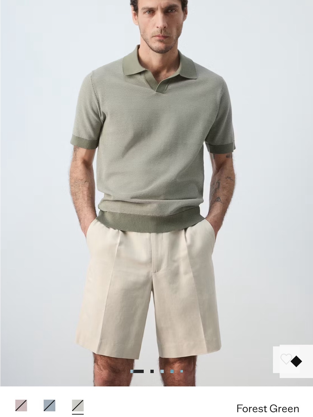 Mango Forest Green Knit Polo with Cream Flat-Front Shorts